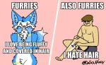 2021 anthro body_hair canid canine clothing dasoupguy duo english_text fox frown fur hair human humor leg_hair male mammal meme navel nipples pink_background shaving simple_background sitting smile standing text underwear url 