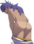  1boy absurdres artist_name ass bangs closed_mouth clothes_pull dark_skin dark_skinned_male dynamax_band facial_hair highres kyonart leon_(pokemon) long_hair looking_at_viewer looking_back male_focus pokemon pokemon_(game) pokemon_swsh purple_hair shorts shorts_pull signature simple_background smile solo symbol_commentary tan tanline undressing white_background white_shorts yellow_eyes 