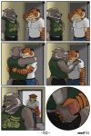  age_difference anthro boomer_(nanoff) canid canine canis clothing comic duo emotional felid hand_holding hi_res hug kiss_on_forehead kissing male male/male mammal miles_(nanoff) musclegut muscular muscular_male nanoff pantherine sad shirt t-shirt tank_top tiger topwear wolf 