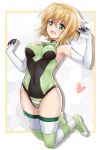  1girl akatsuki_kirika blonde_hair blush breasts covered_navel full_body gloves green_eyes green_leotard heart leotard looking_at_viewer medium_breasts open_mouth r-binon senki_zesshou_symphogear shiny shiny_hair shiny_skin short_hair skin_tight smile striped striped_legwear 