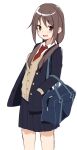  1girl :d bag bangs black_jacket black_skirt blazer blush brown_cardigan brown_eyes brown_hair cardigan collared_shirt eyebrows_visible_through_hair hair_over_shoulder hand_in_pocket jacket kantai_collection long_hair long_sleeves looking_at_viewer low_twintails necktie open_blazer open_clothes open_jacket open_mouth pleated_skirt red_neckwear school_bag school_uniform shirt simple_background skirt smile solo twintails white_background white_shirt zarashi zuihou_(kancolle) 