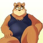  2021 anthro blush brown_body brown_fur clothing eyewear fur glasses hi_res humanoid_hands kemono male mammal one-piece_swimsuit overweight overweight_male school_swimsuit solo swimwear tokyo_afterschool_summoners ursid video_games volos yaki_atsuage 