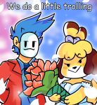  animal_crossing anonymous_artist anthro blue_hair canid canine canis clothing domestic_dog dress duo female flower hair hi_res human isabelle_(animal_crossing) jessie_productions male male/female mammal mask nintendo plant siny_(jessie_productions) suit video_games wedding wedding_dress 