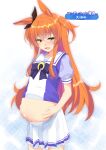  1girl animal_ears big_belly black_ribbon ear_ribbon hand_on_own_stomach highres horse_ears horse_girl mayano_top_gun_(umamusume) mtu_(orewamuzituda) navel open_mouth orange_hair puffy_short_sleeves puffy_sleeves ribbon school_uniform short_sleeves smile solo tracen_school_uniform two_side_up umamusume yellow_eyes 