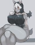  anthro azi_4081 big_breasts breasts canid canine crossed_legs female grey_body hair hi_res mammal membrane_(anatomy) membranous_wings nipple_outline nun solo thick_thighs white_hair wings 