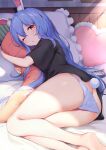  1girl ;o alternate_hairstyle animal_ear_fluff animal_ears barefoot bed bedroom black_shirt blue_hair bunny_ears bunny_girl bunny_tail butt_crack carrot_pillow food_themed_pillow heart heart_pillow highres hololive legs_together long_hair looking_at_viewer lying miya_(tokumei) no_pants on_side one_eye_closed open_mouth panties pillow pillow_hug shirt solo sunlight t-shirt tail underwear usada_pekora virtual_youtuber white_panties 