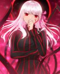  1girl body_markings breasts corruption dark_persona dark_sakura eyebrows_visible_through_hair fate/stay_night fate_(series) hair_ribbon heaven&#039;s_feel highres kawasakigrace large_breasts long_hair long_sleeves matou_sakura pink_ribbon red_eyes ribbon solo upper_body white_hair 