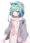  1girl :d absurdres animal_ear_fluff animal_ears bag bangs black_ribbon blush cat_ears collarbone commentary_request drawstring eyebrows_visible_through_hair eyes_visible_through_hair green_hair grey_jacket hair_over_one_eye hair_ribbon highres hololive hood hood_down hoodie jacket juu_p long_sleeves open_clothes open_jacket open_mouth pink_hoodie puffy_long_sleeves puffy_sleeves red_eyes ribbon shoulder_bag sleeves_past_wrists smile solo uruha_rushia virtual_youtuber 