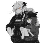  2girls arknights black_gloves blouse collarbone dragon_tail glasses gloves greyscale hand_on_another&#039;s_head hat height_difference highres holding holding_tablet_pc long_hair monochrome multiple_girls orange_eyes police police_hat police_uniform rhine_lab_logo saria_(arknights) saria_(iron_law)_(arknights) short_hair silence_(arknights) simple_background sleeves_rolled_up spiked_tail spot_color striped_blouse sweat tablet_pc tail toned uniform white_background yellow_eyes zy 