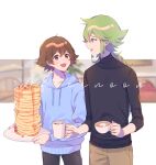  2boys :d alternate_costume blue_eyes blue_hoodie brown_eyes brown_hair collarbone cup eye_contact food green_hair highres hilbert_(pokemon) holding holding_cup holding_plate hood hoodie long_hair looking_at_another male_focus marshmallow mug multiple_boys n_(pokemon) open_mouth p_(flavorppp) pancake pants plate pokemon pokemon_(game) pokemon_bw ponytail sleeves_past_elbows smile sweater symbol_commentary syrup turtleneck turtleneck_sweater 