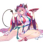  1girl blue_hair breasts commentary_request cup demon_girl demon_horns demon_tail floral_print gradient_kimono highleg highleg_swimsuit highres horns japanese_clothes kimono kiyama_satoshi large_breasts long_hair looking_at_viewer multicolored multicolored_clothes multicolored_hair multicolored_swimsuit nakajima_pepero original pink_hair pointy_ears red_eyes red_kimono red_ribbon ribbed_swimsuit ribbon sakazuki saucer sideboob simple_background sitting solo streaked_hair swimsuit tail tokkuri v virtual_youtuber white_background white_swimsuit yokozuwari 