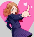  1girl arm_up black_shirt black_skirt brown_eyes brown_hair eyebrows eyelashes haikyuu!! hair_ornament heart heart_background kurobara long_sleeves looking_to_the_side mouth_hold pointing school_uniform shirt skirt solo twintails whistle yamamoto_akane 