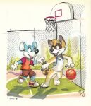  anthro ball basketball basketball_(ball) canid canine canis clothing domestic_dog duo husky hybrid male mammal mouse murid murine nordic_sled_dog pandapaco procyonid raccoon rodent spitz 
