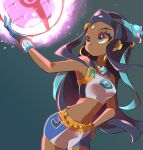  1girl arm_up armlet belly_chain bike_shorts black_hair blue_eyes blue_eyeshadow blue_hair breasts closed_mouth commentary_request dark_skin dark_skinned_female dynamax_ball dynamax_band earrings eyeshadow gloves green_background gym_leader hair_bun hand_on_hip highres holding holding_poke_ball hoop_earrings hyou_(hyouga617) jewelry long_hair looking_back makeup multicolored_hair necklace nessa_(pokemon) poke_ball pokemon pokemon_(game) pokemon_swsh simple_background single_glove solo two-tone_hair 