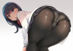  1girl ass bangs bent_over black_hair black_skirt blue_eyes blush commentary_request crotch_seam gradient gradient_background hiiragi_hajime long_hair looking_at_viewer looking_back miniskirt open_mouth panties panties_under_pantyhose pantyhose red_neckwear school_uniform skirt solo ssss.gridman sweater takarada_rikka thighs underwear white_background white_panties white_sweater 