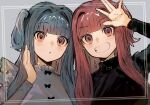  2girls :d :o bangs black_shirt blue_hair blunt_bangs commentary diamond-shaped_pupils diamond_(shape) framed_image grey_background grey_shirt grin hand_up highres imamiya_pinoko kotonoha_akane kotonoha_aoi long_hair looking_at_viewer multiple_girls open_mouth outstretched_hand pink_eyes pink_hair portrait shirt siblings sisters smile symbol-shaped_pupils symbol_commentary voiceroid waving 