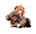  1girl :d animal_ears arm_up black_legwear black_ribbon boots brown_eyes brown_footwear brown_hair brown_jacket chibi commentary_request crop_top dog_tags ear_ribbon fringe_trim horse horse_ears horse_girl horse_tail jacket long_hair mayano_top_gun_(umamusume) midriff mister_(black_and_white) navel open_clothes open_jacket open_mouth ribbon shirt short_shorts shorts simple_background smile solo tail thighhighs thighhighs_under_boots translation_request two_side_up umamusume very_long_hair white_background white_shirt white_shorts 