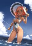  1girl blue_sky blush breasts breasts_apart cleavage_cutout clothing_cutout cloud cloudy_sky earrings freckles hand_on_headwear hand_up hat highleg highleg_swimsuit highres horizon jewelry looking_at_viewer medium_breasts one-piece_swimsuit orange_hair original parted_lips partially_submerged shadow short_hair sky smile solo striped striped_swimsuit swimsuit water xavier_houssin 