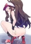  1girl absurdres anal ass baseball_cap black_footwear blue_eyes boots brown_hair censored commentary_request from_behind hat highres hilda_(pokemon) long_hair looking_at_viewer mosaic_censoring poke_ball pokemon pokemon_(game) pokemon_bw ponytail pussy_juice simple_background solo squatting sutora_binsuke sweat white_background white_headwear 