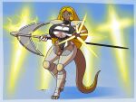  2021 anthro armor big_breasts blonde_hair breasts brown_body cleavage clothed clothing female furball_(artist) hair hi_res holding_object holding_spear holding_weapon melee_weapon polearm scalie spear weapon 