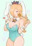  1girl animal_ears blonde_hair blue_background blue_eyes breasts bunny_ears cleavage closed_eyes collar covered_eyes crown earrings heart highres jewelry jivke large_breasts leotard lipstick makeup mario_(series) md5_mismatch one_eye_covered pale_skin rosalina simple_background star_(symbol) star_earrings super_mario_galaxy tail thick_thighs thighs wand 