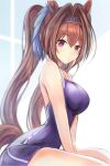  1girl animal_ears bangs bare_arms bare_shoulders between_legs blue_swimsuit blush breasts brown_hair closed_mouth commentary_request daiwa_scarlet_(umamusume) eyebrows_visible_through_hair from_side hair_between_eyes hair_intakes hand_between_legs horse_ears horse_girl horse_tail large_breasts long_hair looking_at_viewer looking_to_the_side nannacy7 one-piece_swimsuit red_eyes school_swimsuit solo swimsuit tail tiara twintails umamusume very_long_hair 