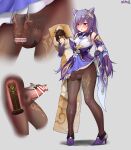  1girl absurdres bare_shoulders brown_legwear chastity_belt choker cum dildo dress ejaculation frilled_gloves frills futanari genshin_impact gloves hair_cones hair_ears high_heels highres keqing_(genshin_impact) large_insertion long_hair ninai object_insertion pantyhose penis purple_choker purple_dress purple_eyes purple_gloves purple_hair sex_toy twintails uncensored vaginal vaginal_object_insertion 