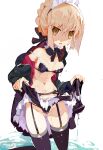  1girl absurdres apron artoria_pendragon_(all) artoria_pendragon_(alter_swimsuit_rider)_(fate) bangs bikini black_bikini black_jacket black_legwear black_ribbon black_skirt blonde_hair braid breasts choker cleavage fate/grand_order fate_(series) french_braid frilled_choker frills garter_belt hair_bun hair_ribbon highres hood hooded_jacket jacket leg_garter long_hair long_sleeves looking_at_viewer maid_bikini maid_headdress medium_breasts miyakawa106 navel open_clothes open_jacket open_mouth ribbon shaded_face sidelocks skirt skirt_lift swimsuit thighhighs thighs waist_apron water wet white_apron yellow_eyes 