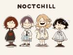  4girls :d artist_request asakura_tooru black_hair blonde_hair charles_schulz_(style) chibi clothes_around_waist flower flying_sweatdrops fukumaru_koito group_name hair_flower hair_ornament hairpin highres higuchi_madoka hood hoodie ichikawa_hinana idolmaster idolmaster_shiny_colors loafers miniskirt multiple_girls neck_ribbon noctchill_(idolmaster) open_mouth parody peanuts plaid plaid_skirt red_hair ribbon school_uniform shoes silver_hair simple_background skirt smile sneakers sweater sweater_around_waist twintails wavy_mouth 