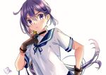  1girl akebono_(kancolle) bell blue_sailor_collar blush brown_gloves closed_mouth eyebrows_visible_through_hair flower gloves hair_bell hair_between_eyes hair_flower hair_ornament jingle_bell kantai_collection long_hair oriharaizaya819 pink_flower purple_eyes purple_hair remodel_(kantai_collection) sailor_collar school_uniform serafuku side_ponytail signature simple_background solo upper_body white_background 