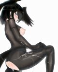  1girl adjusting_clothes after_sex ass bangs bird_tail black_hair blue_eyes blush bodystocking breasts cum cum_on_body cum_on_clothes eyebrows_visible_through_hair from_side half-closed_eye head_wings highres jungle_crow_(kemono_friends) kemono_friends knee_up licking_lips long_sleeves looking_at_viewer medium_breasts medium_hair nipples one_breast_out panties see-through shibori_kasu sidelocks simple_background sleeveless solo tail tail_through_clothes tongue tongue_out torn_bodystocking torn_clothes underwear white_background 