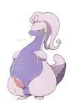  2021 anthro balls belly big_belly bodily_fluids chubby_male dodudoru dripping erection eyes_closed front_view genital_fluids genitals goodra hi_res male multicolored_body nintendo nude penis pok&eacute;mon pok&eacute;mon_(species) precum precum_drip purple_body sigh simple_background slime solo standing two_tone_body video_games white_background 