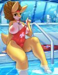  2021 5_fingers anthro anthrofied big_breasts breasts camel_toe clothed clothing female fingers hi_res huge_breasts lysergide nintendo nipples one-piece_swimsuit partially_submerged pok&eacute;mon pok&eacute;mon_(species) pok&eacute;morph sandslash sitting solo swimming_pool swimwear video_games water whistle 