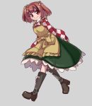  1girl apron bell boots brown_eyes brown_hair checkered checkered_shirt cross-laced_footwear frilled_apron frills green_skirt hair_bell hair_ornament highres knee_boots lace-up_boots looking_at_viewer motoori_kosuzu one-hour_drawing_challenge renshirenji shirt skirt smile solo touhou walking yellow_apron 