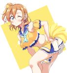  1girl absurdres bangs bent_over blue_eyes blush bow brown_hair cheerleader closed_mouth collarbone crop_top detached_sleeves eyebrows_visible_through_hair hair_between_eyes hair_bow hand_on_hip highres kousaka_honoka looking_at_viewer love_live! love_live!_school_idol_project medium_hair midriff miniskirt navel one_eye_closed pom_poms shiny shiny_hair short_sleeves side_ponytail skirt solo stomach striped striped_bow tetopetesone two-tone_background white_background white_bow yellow_background yellow_bow yellow_sleeves 