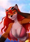  2021 aeril_(helios) anthro big_breasts breasts canid canine cleavage clothed clothing digital_media_(artwork) eyebrows eyelashes female fox hair hi_res looking_at_viewer mammal orange_eyes red_hair smile swimwear taurusart two-piece_swimsuit 