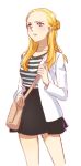  1girl black_skirt blonde_hair blue_eyes code_lyoko collarbone cropped_legs jacket laura_gauthier long_hair long_sleeves miniskirt morihaw open_clothes open_jacket parted_lips shiny shiny_hair shirt simple_background sketch skirt solo standing striped striped_shirt white_background white_jacket 