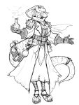  alchemist anthro black_and_white breasts cleavage clothed clothing duster_coat fangs female flask footwear forked_tongue furgonomics gloves guoh handwear hi_res monochrome non-mammal_breasts reptile sandals scalie scarf smile smirk snake snake_hood solo tongue 
