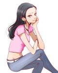  1girl black_hair blue_pants bracelet brown_eyes code_lyoko collarbone crossed_legs denim earrings elisabeth_delmas from_side groin hair_ornament hairclip head_rest jewelry long_hair midriff morihaw navel pants parted_lips pink_shirt shiny shiny_hair shirt short_sleeves simple_background smile solo stomach white_background 