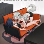  2girls :d animal_ears arknights bandeau bangs bare_arms bare_legs bare_shoulders barefoot black_hair black_panties black_shorts breasts camisole cleavage commentary couch crop_top grey_eyes hair_over_one_eye highres holding indoors kneeling lappland_(arknights) long_hair looking_at_another lying midriff multiple_girls navel on_back open_mouth panties r_dancer scar scar_across_eye short_shorts shorts silver_hair small_breasts smile spaghetti_strap stomach strapless table texas_(arknights) tubetop underwear wolf_ears yuri 