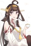  1girl absurdres ahoge bare_shoulders blush brown_hair cup detached_sleeves double_bun eyebrows_visible_through_hair hairband headgear highres holding holding_cup japanese_clothes kantai_collection kongou_(kancolle) long_hair ma_rukan nontraditional_miko open_mouth purple_eyes ribbon-trimmed_sleeves ribbon_trim signature smile solo wide_sleeves 