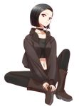  1girl black_cardigan black_choker black_hair black_pants brown_eyes brown_footwear cardigan choker closed_mouth code_lyoko collarbone crop_top full_body ishiyama_yumi long_sleeves looking_at_viewer midriff morihaw navel open_cardigan open_clothes pants shiny shiny_hair short_hair simple_background sitting sleeves_past_wrists solo stomach white_background 