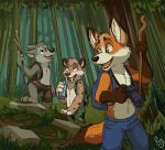  anthro backpack camera canid canine canis clothing felid forest fox group machairodontine male mammal pandapaco plant tree wolf 