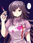  1girl :o apron bandages bangs blood blue_background blush breasts commentary danganronpa_(series) danganronpa_2:_goodbye_despair eyebrows_visible_through_hair hand_up highres holding holding_syringe long_hair looking_at_viewer mole mole_under_eye nurse open_mouth pink_blood pink_shirt puffy_short_sleeves puffy_sleeves purple_eyes purple_hair shaded_face shirt short_sleeves simple_background skirt solo speech_bubble syringe translated tsumiki_mikan upper_body very_long_hair white_apron zhou_ben 