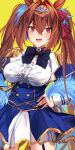  1girl :d black_bow black_neckwear blue_corset blue_feathers blue_garter_straps blue_jacket blue_skirt blush bow bowtie breasts brown_hair commentary_request daiwa_scarlet_(umamusume) epaulettes eyebrows_visible_through_hair fang hair_between_eyes hair_bow hand_on_hip highres jacket large_breasts long_hair looking_at_viewer miyasaka_miyabi open_mouth red_bow red_eyes shirt skirt smile solo tiara twintails umamusume very_long_hair white_shirt yellow_background 