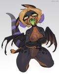  absurd_res anthro areola breasts claws dragon eyebrows eyelashes feet female fingers genitals green_eyes hi_res horn membrane_(anatomy) membranous_wings nipples non-mammal_breasts nude open_mouth pussy scalie teeth toes tongue western_dragon wings zazush-una 