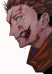  1boy bleeding blood blood_on_face buttons closed_mouth guro high_collar highres injury itadori_yuuji jujutsu_kaisen looking_to_the_side male_focus multicolored_hair pink_hair portrait profile scar scar_on_face short_hair simple_background solo teeth tenobe two-tone_hair undercut white_background wide-eyed yellow_eyes 