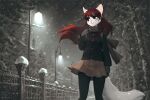  2021 anthro bottomwear breasts clothed clothing detailed_background domestic_cat felid feline felis female hair iskra mammal night outside red_eyes red_hair seelena_zorn_(iskra) skirt snow snowing solo standing 