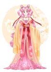  1girl bishoujo_senshi_sailor_moon chibi_usa chinese_clothes closed_mouth crescent_facial_mark double_bun dress full_body hair_cones hair_intakes highres koya long_dress long_hair long_sleeves looking_to_the_side older pink_hair red_eyes red_ribbon ribbon shiny shiny_hair smile solo standing very_long_hair white_background wide_sleeves 