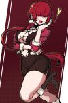  1girl breasts cleavage cleavage_cutout clothing_cutout earrings hair_over_eyes highres jewelry large_breasts lips long_hair makeup masgamjya miniskirt ponytail red_hair shermie_(kof) skirt smile solo split_ponytail the_king_of_fighters 